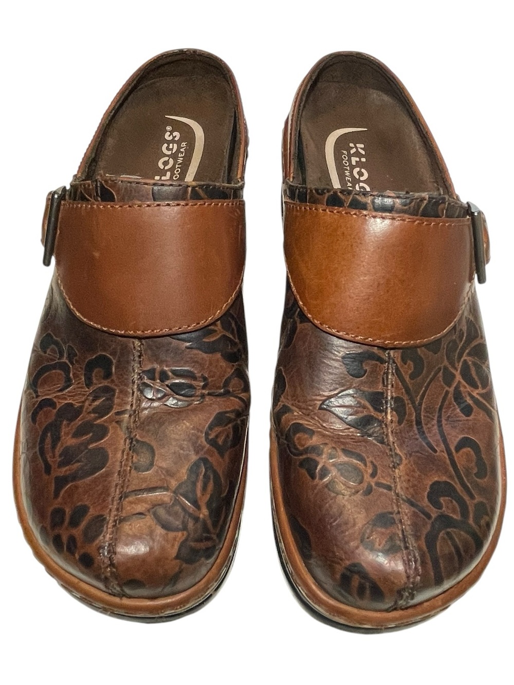 KLOGS Footwear Austin Brown Flower Tooled Leather Clogs Women’s Size 8.5 M